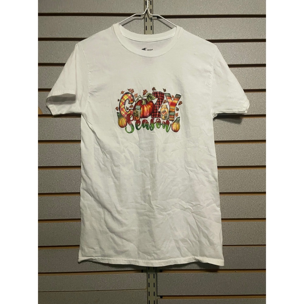 ComfortSoft Womens White Cozy Season Pumpkin Fall Graphic T Shirt Size S (mens)